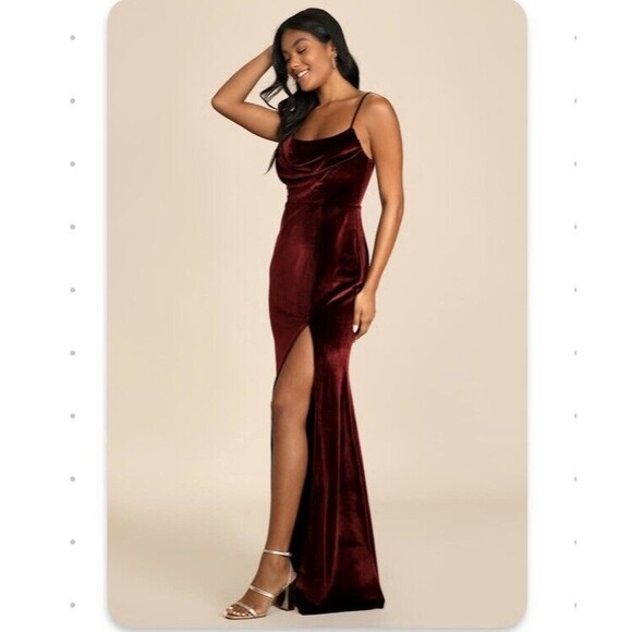 Lulus Everything I Do Wine Velvet Cowl Neck Mermaid Maxi Dress NWOT Size S Small - Picture 2 of 10